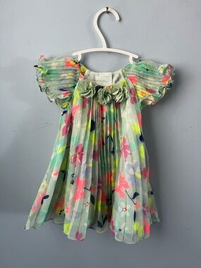 Monsoon Floral Chiffon Pleated Baby Dress - Mint, Neon Print. Size 3-6 Months